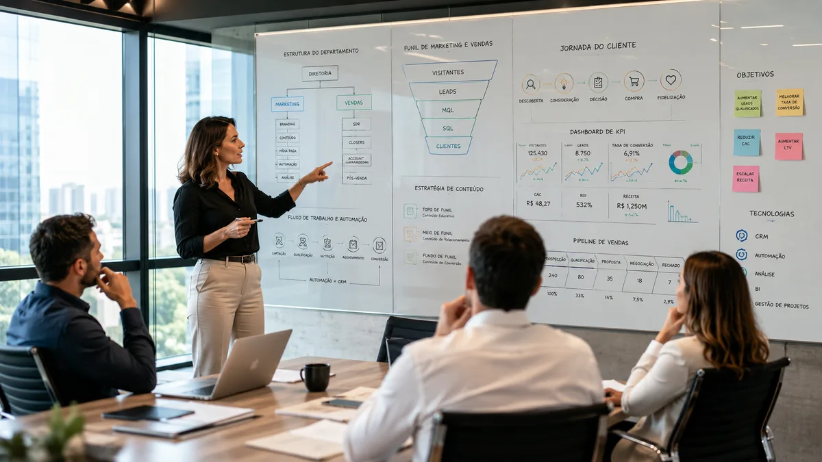 Consultora apresentando como estruturar um departamento de marketing e vendas para uma equipe em reunião