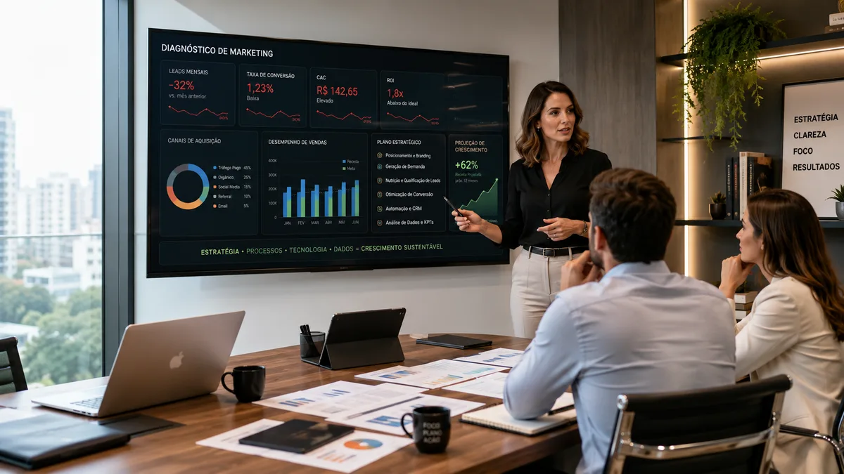 Consultora apresentando um diagnóstico de marketing para empresários em reunião de consultoria